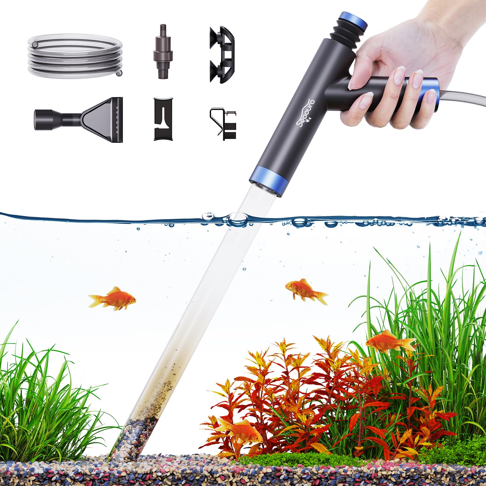 Seaoura aquarium siphon pump gravel cleaner demonstrates efficient debris removal for clear water