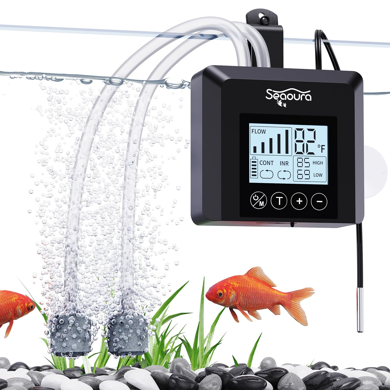 SEAOURA battery-powered air pump front view, compact and portable.