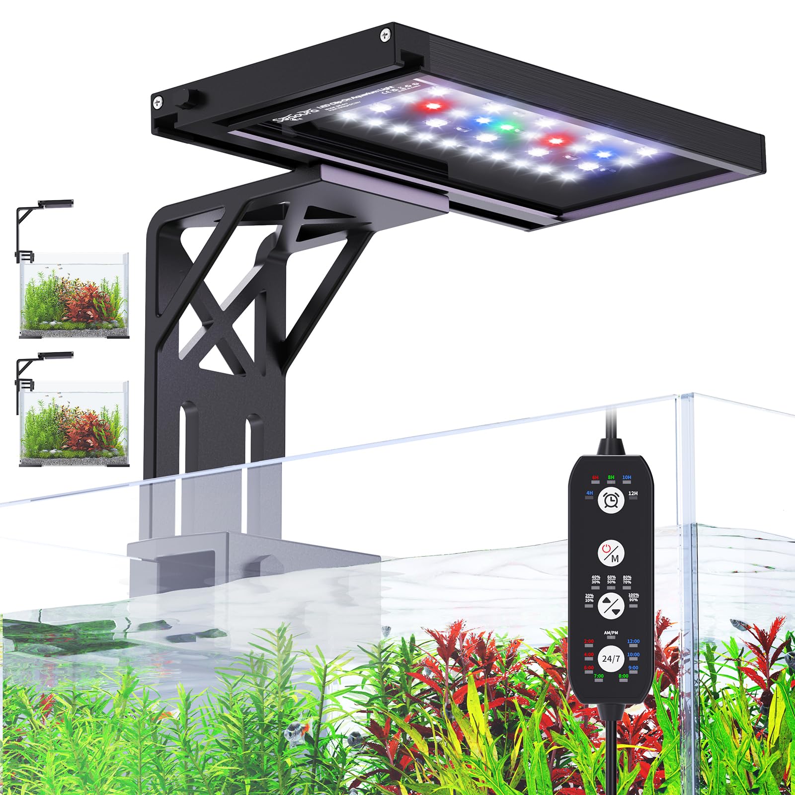 SEAOURA clip-on aquarium light with full spectrum supports vibrant plant growth.
