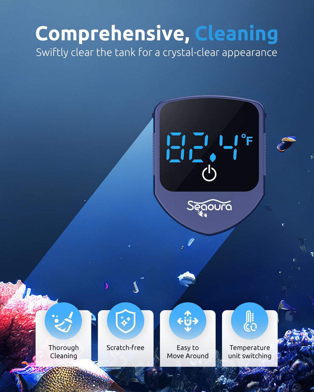 SEAOURA compact floating cleaner resting on water surface in blue