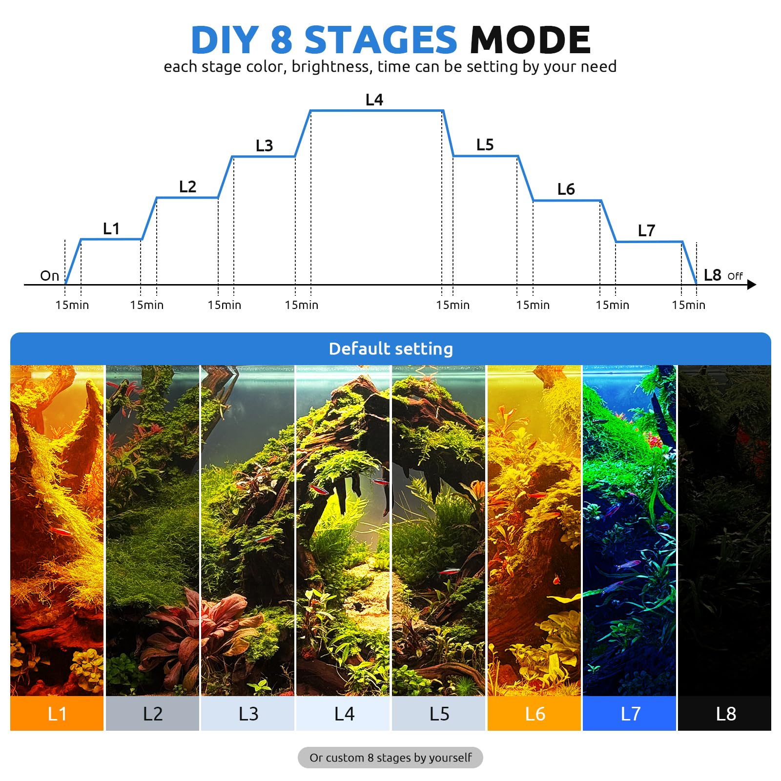 Day/Night WRGB dimming provides natural transitions for aquarium cycles.