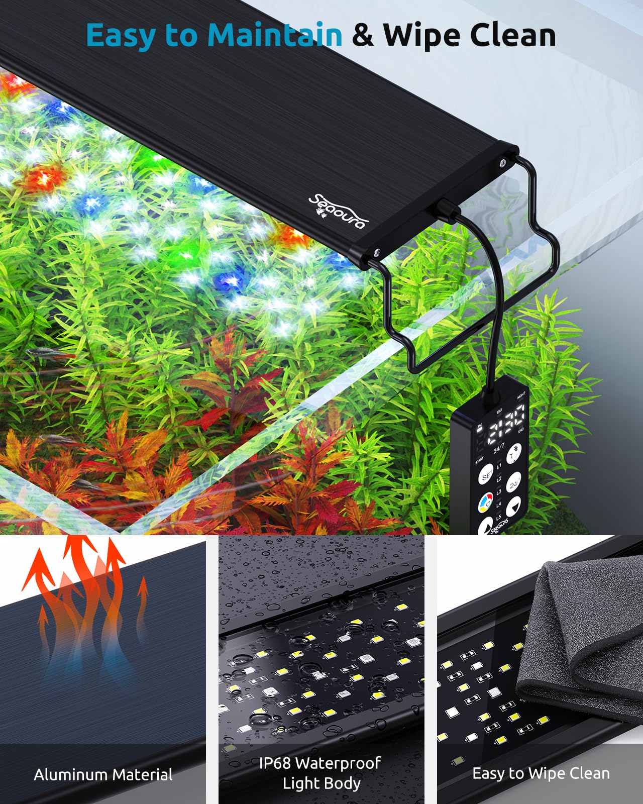 SEAOURA full spectrum with color options supports appealing aquarium ambiance.
