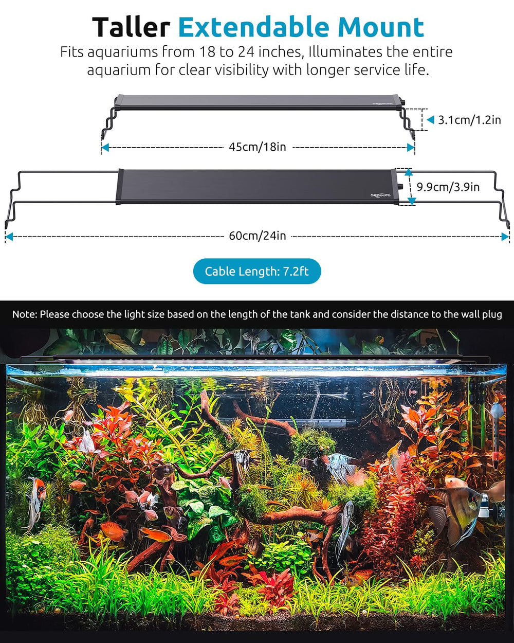 SEAOURA LED aquarium light dimmable brightness with 20 levels.