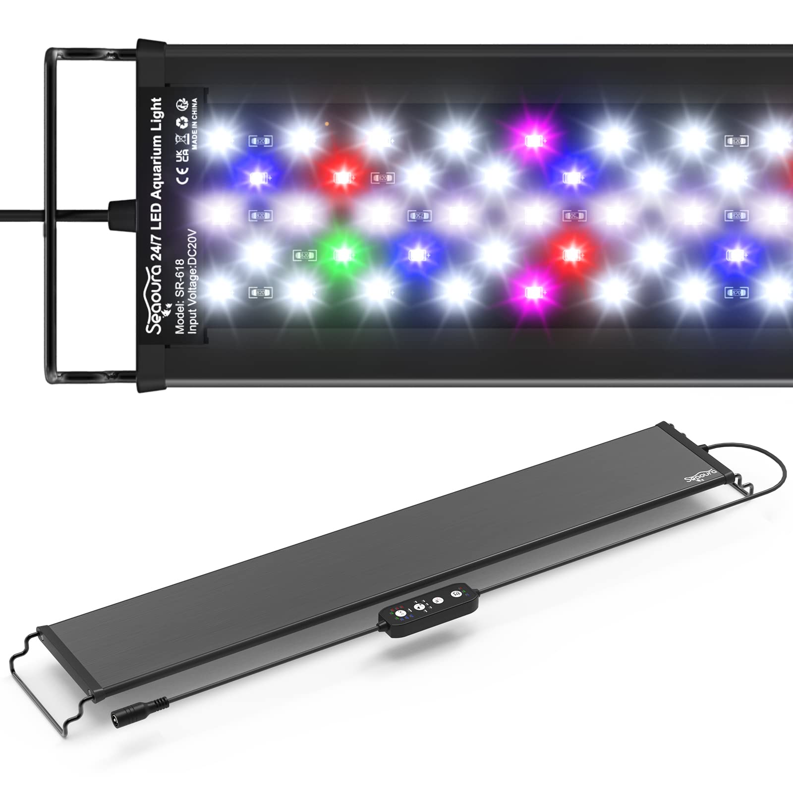 Seaoura LED aquarium light with extendable bracket enables easy setup on 24-30 inch tanks.