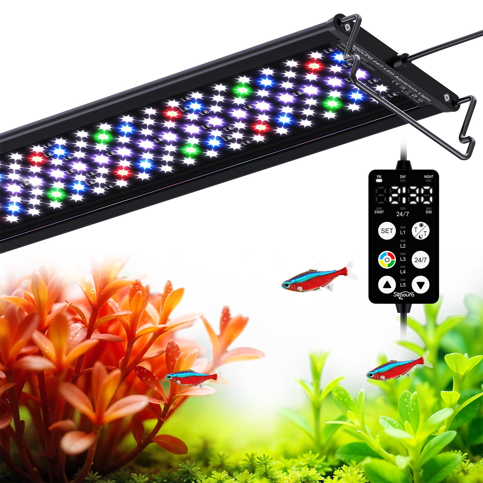 Seaoura LED aquarium light front view shows compact design ideal for 12–18 inch tanks.