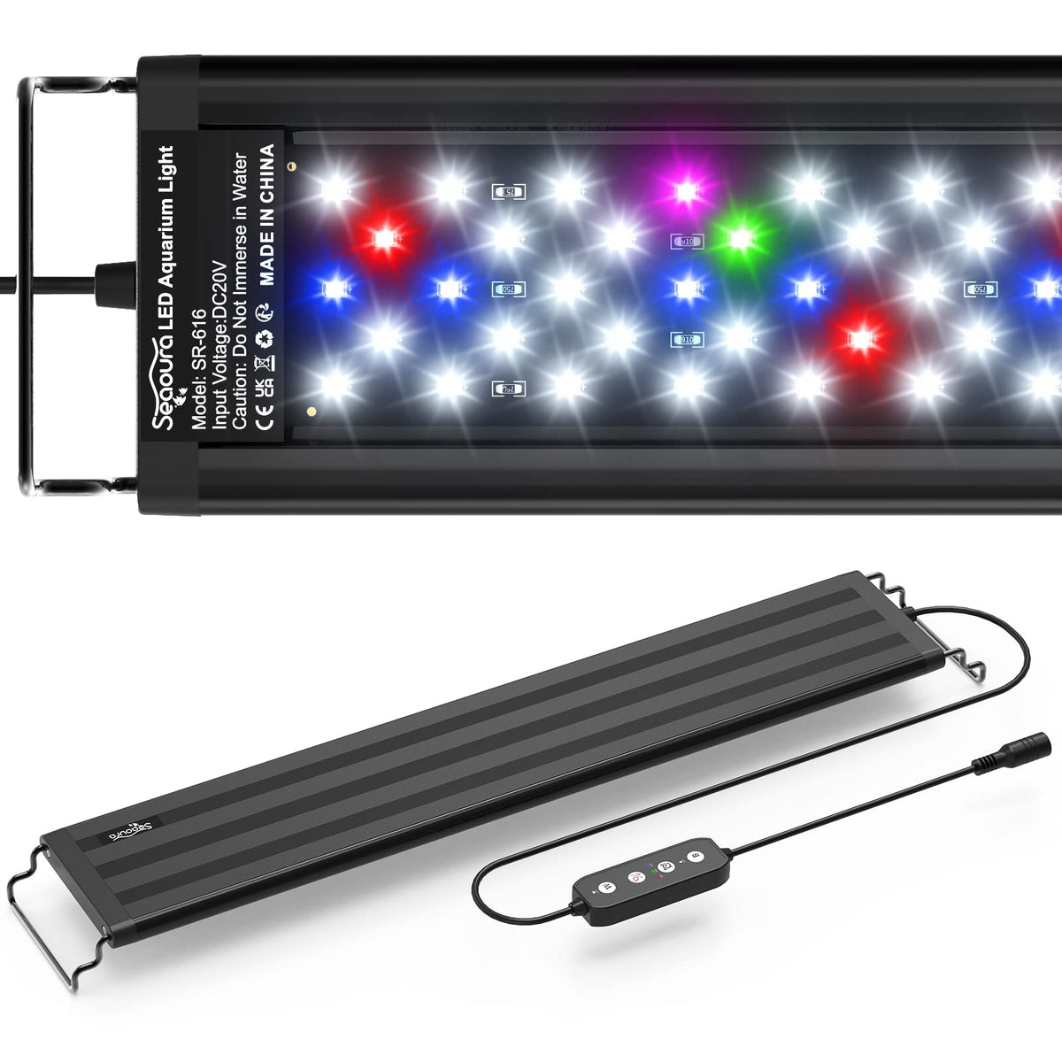 SEAOURA LED aquarium light with full-spectrum illumination for plant growth and vibrant fish colors.