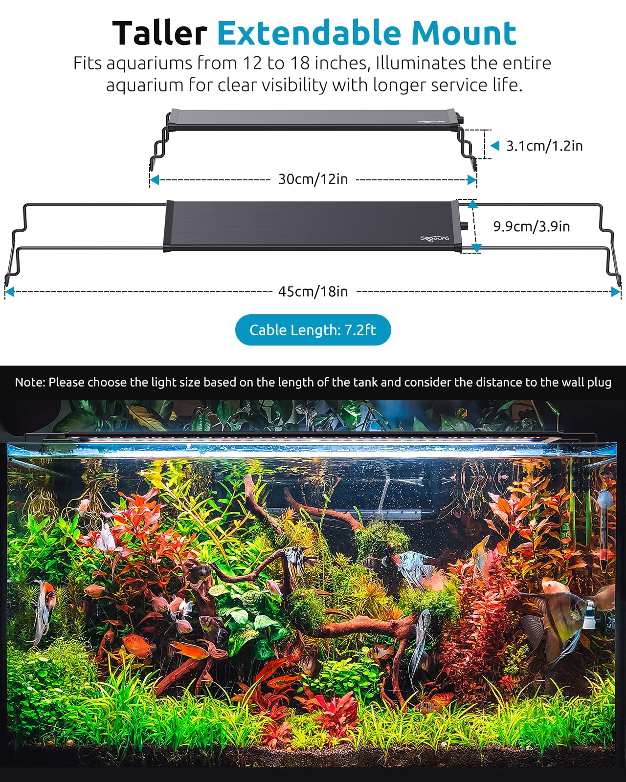 Seaoura LED aquarium light IP68 waterproof body ensures durability in wet environments.