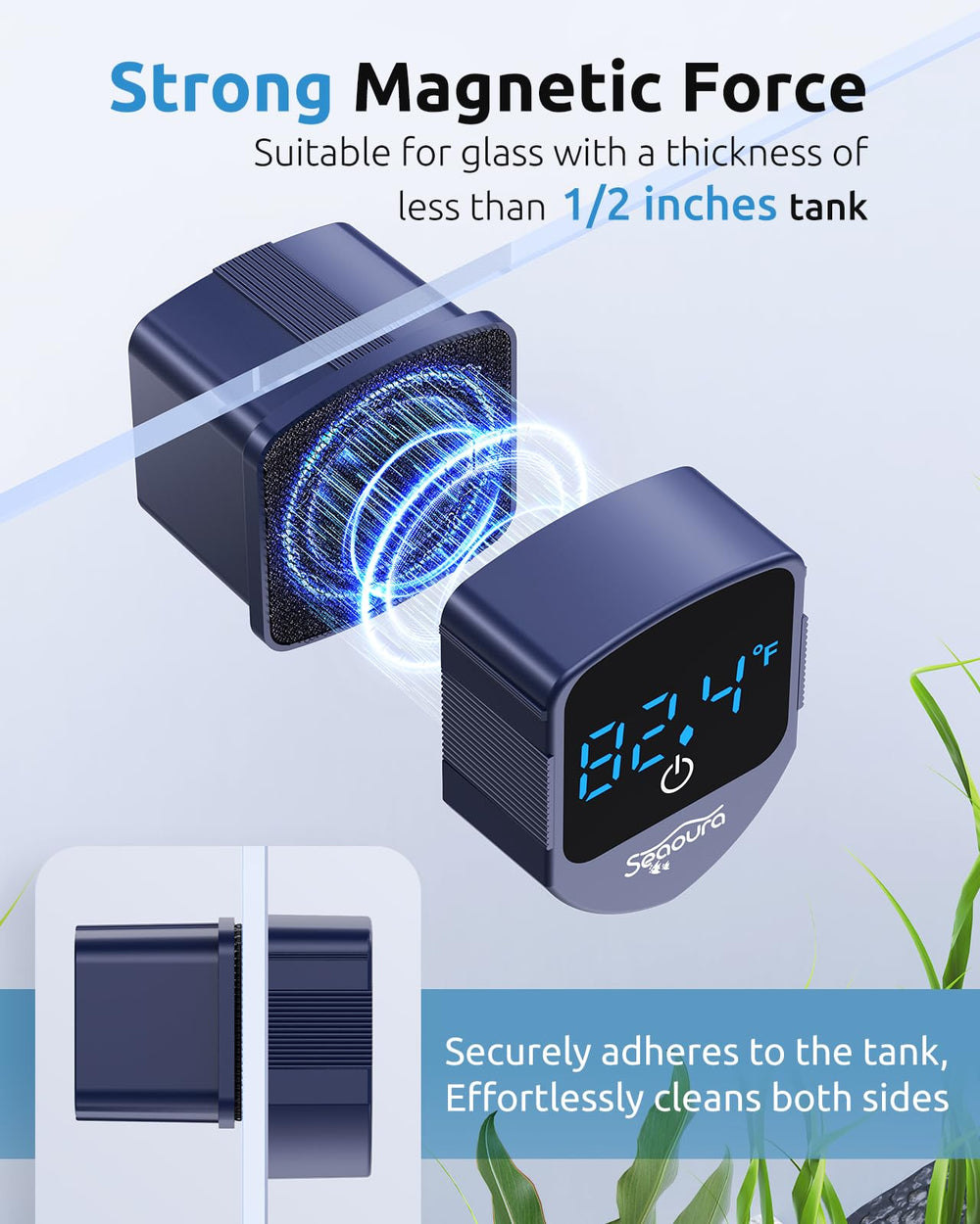 SEAOURA cleaner demonstrates magnetic adhesion on aquarium glass
