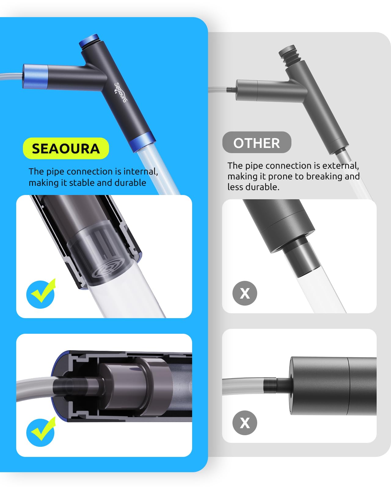 Seaoura manual water changer with air push button enables quiet tank maintenance