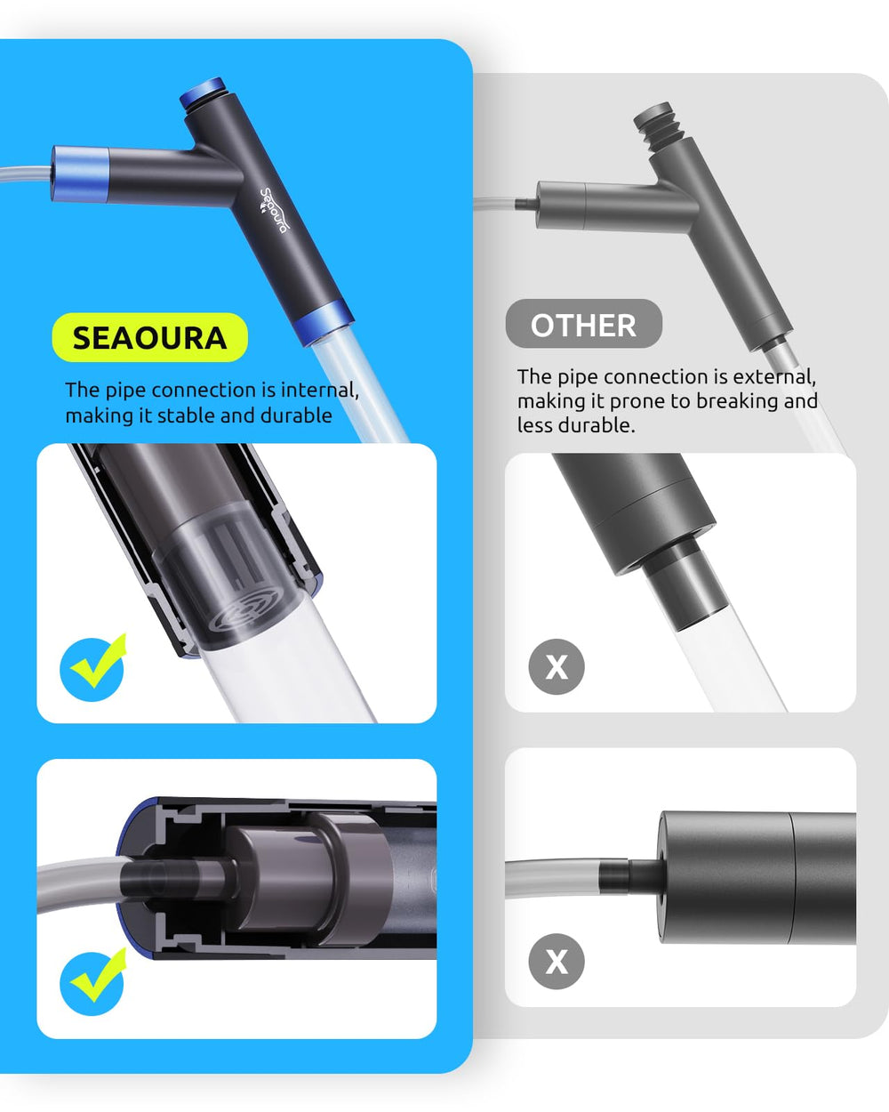 Seaoura manual water changer with air push button enables quiet tank maintenance