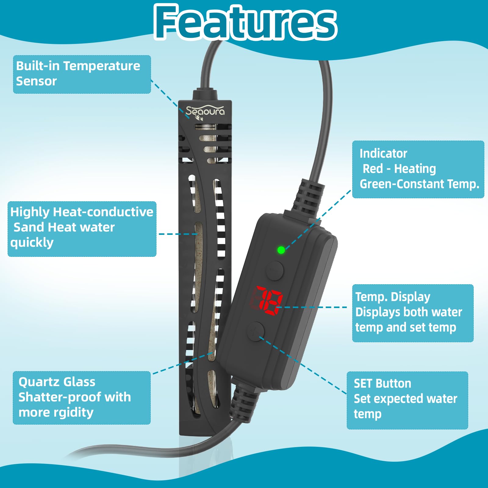 SEAOURA mini submersible heater mounted with suction cups in the tank