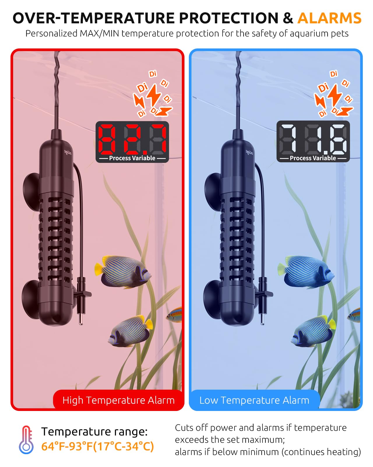 Seaoura small aquarium heater with digital display demonstrates real-time temperature control.