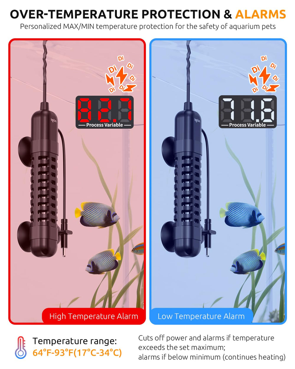 Seaoura small aquarium heater with digital display demonstrates real-time temperature control.