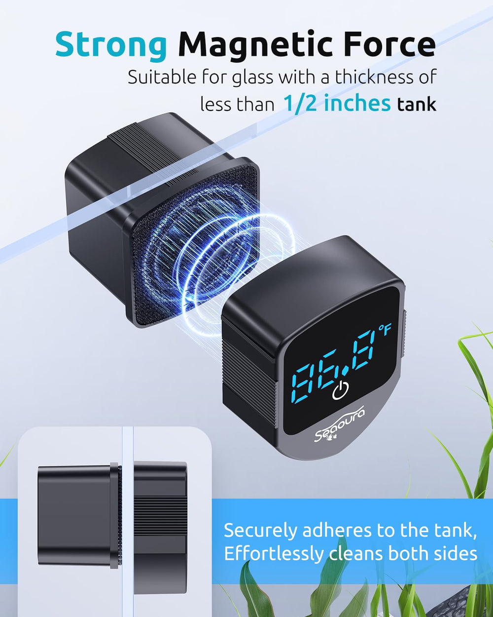 SEAOURA strong magnetic adhesion keeps the cleaner attached to glass surfaces