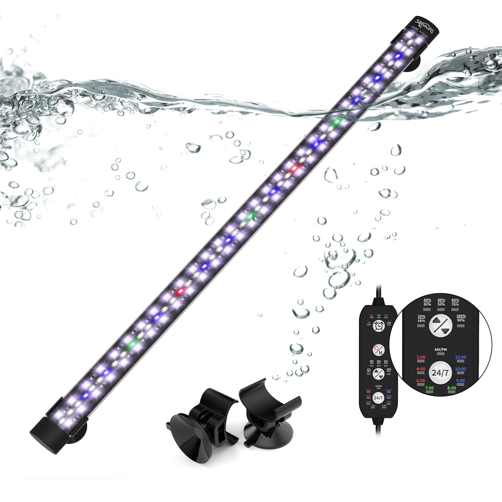 Seaoura submersible aquarium light for 24-43 inch tanks illuminating a natural day-night cycle