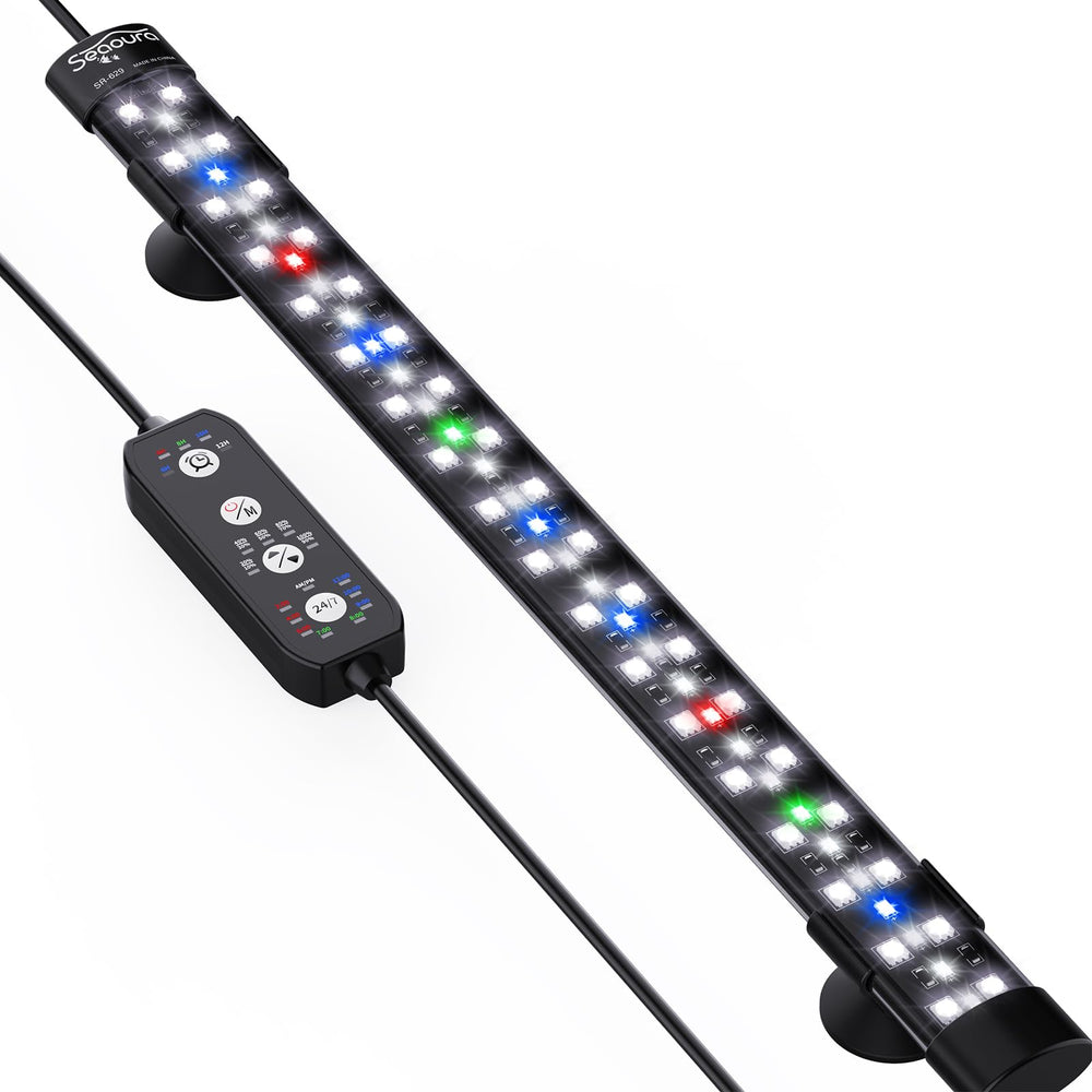 Seaoura submersible light mounted on the side of a 16–27 inch tank for balanced illumination.