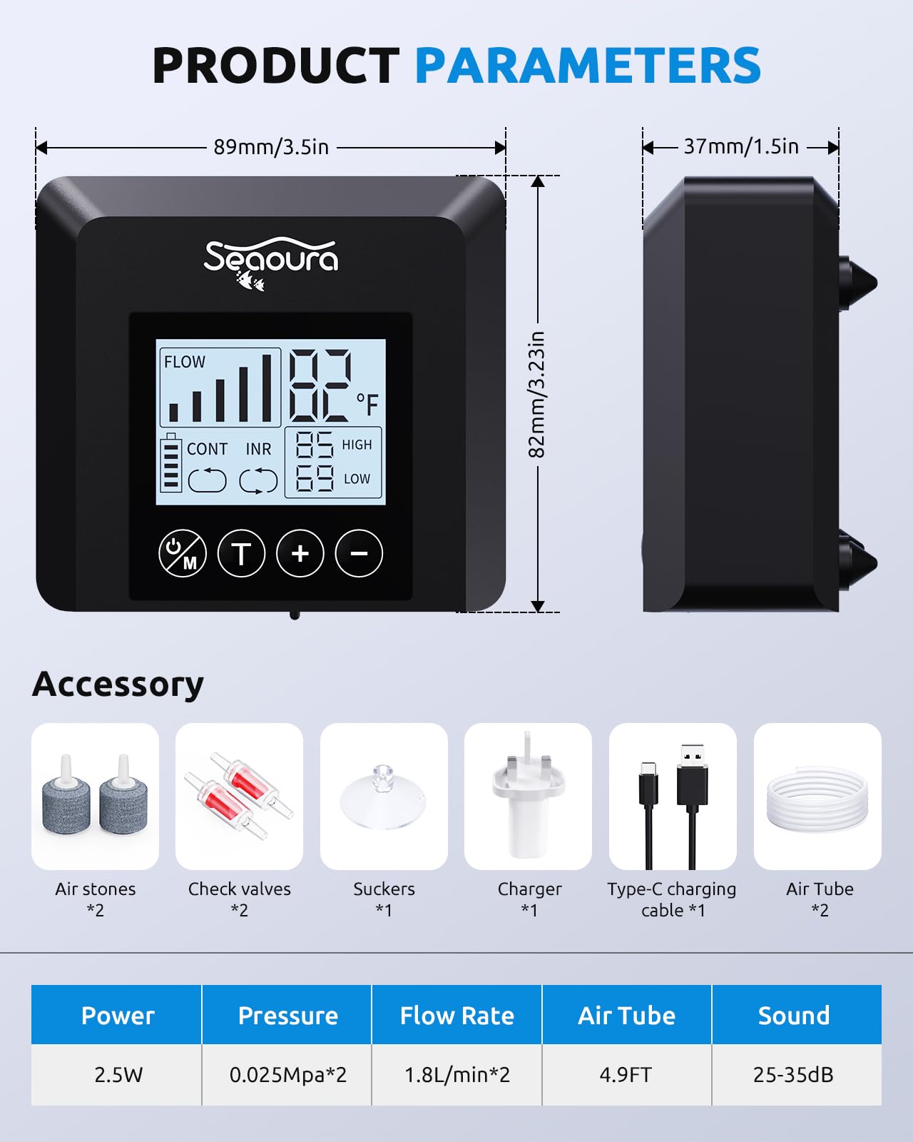 SEAOURA temperature monitor display highlights safe water range.