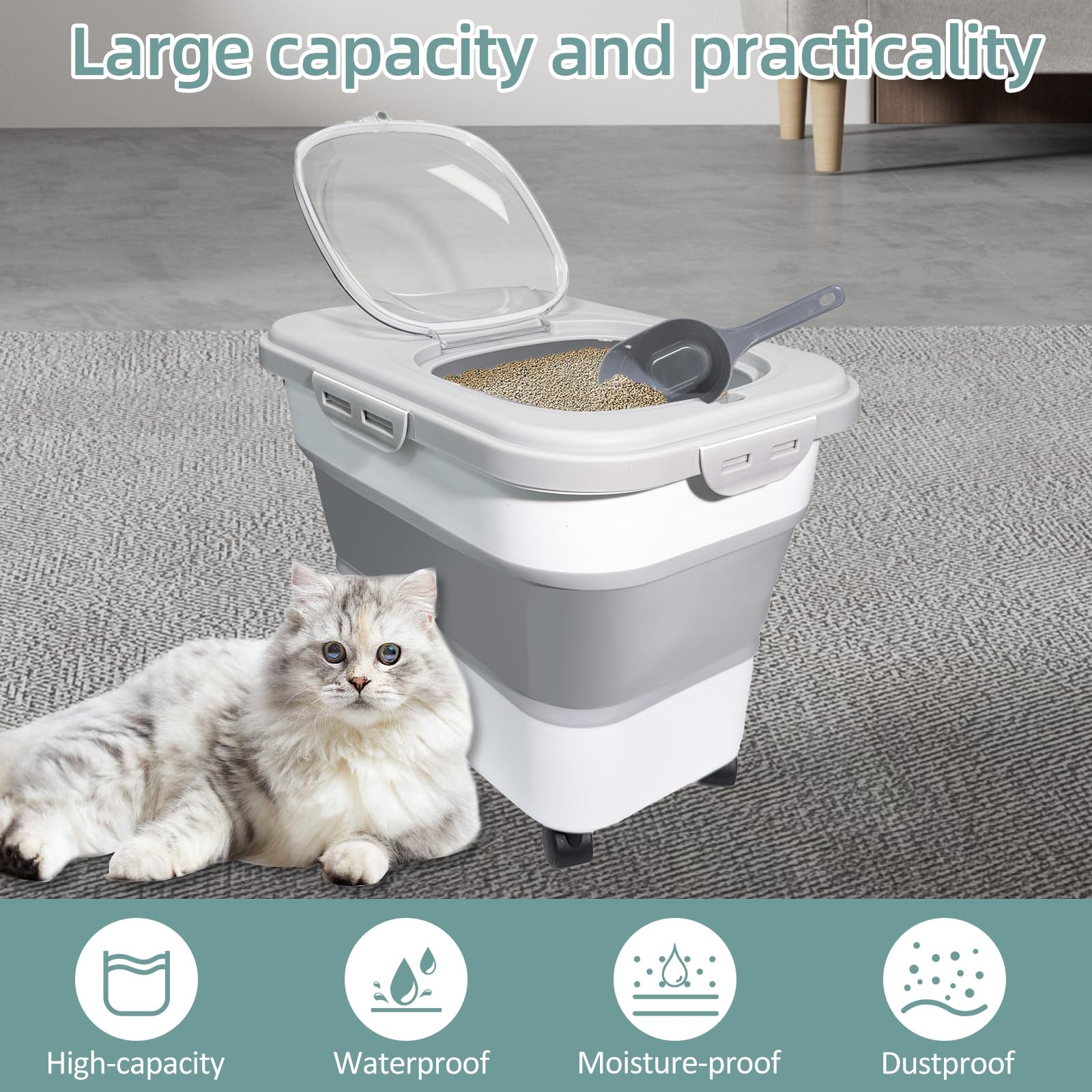 SECOAT 20-lb capacity litter storage bin showing large interior for bulk refills.