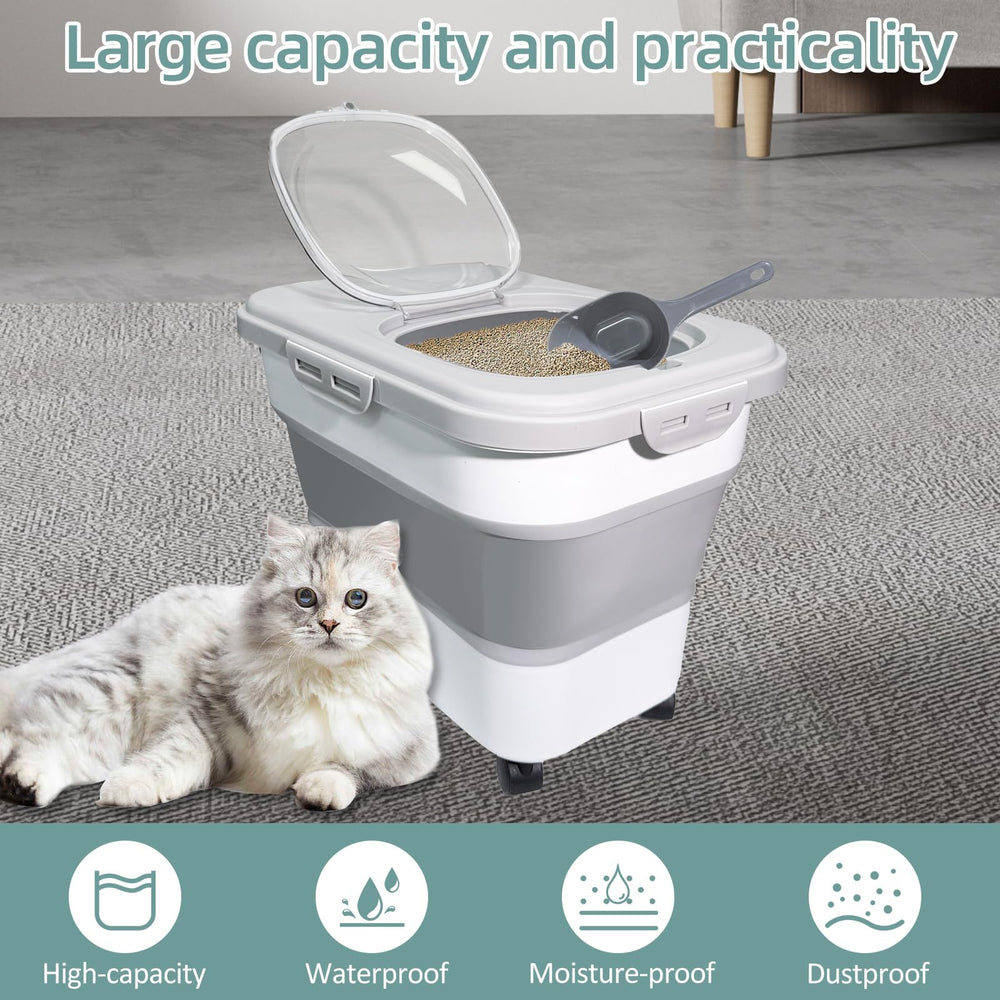 SECOAT 20-lb capacity litter storage bin showing large interior for bulk refills.