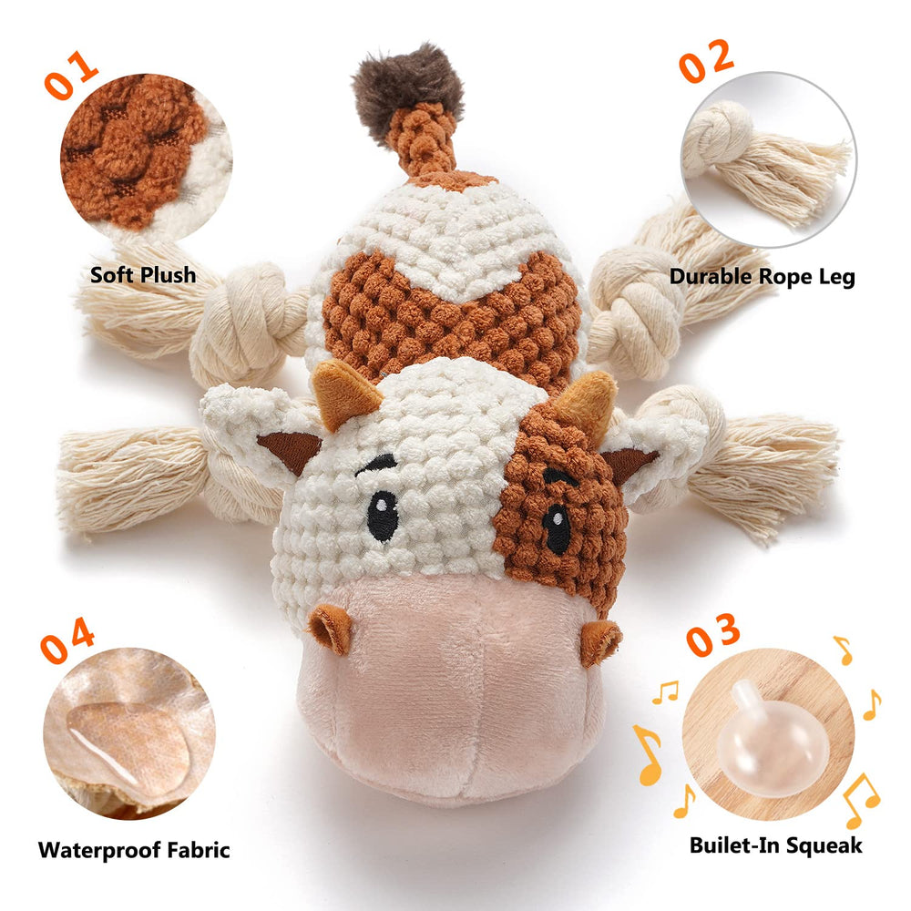 Sedioso cow plush toy reveals crinkle paper for sensory excitement during games.