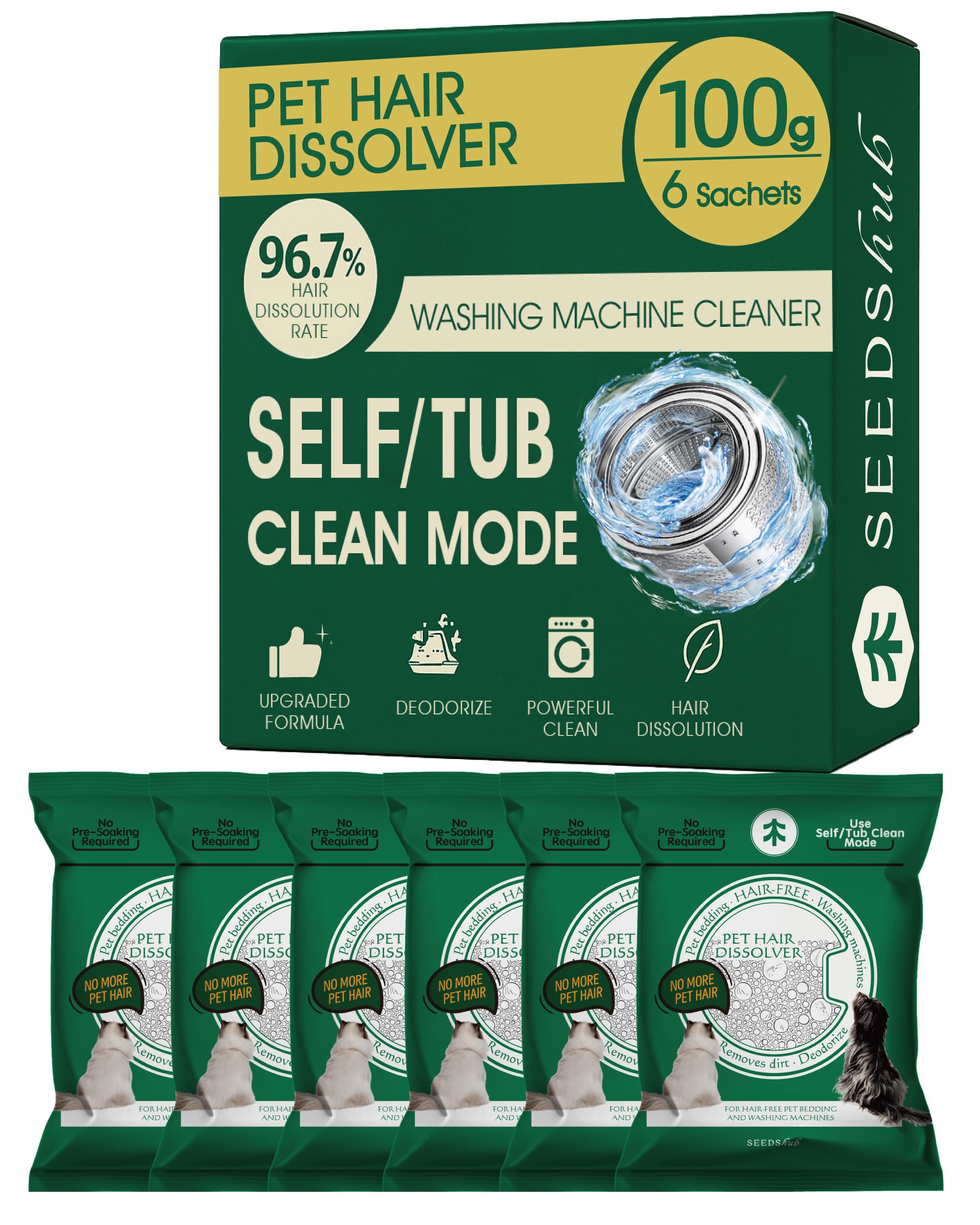 Seedshub pet hair dissolver packaging with 6 sachets for easy washer care.