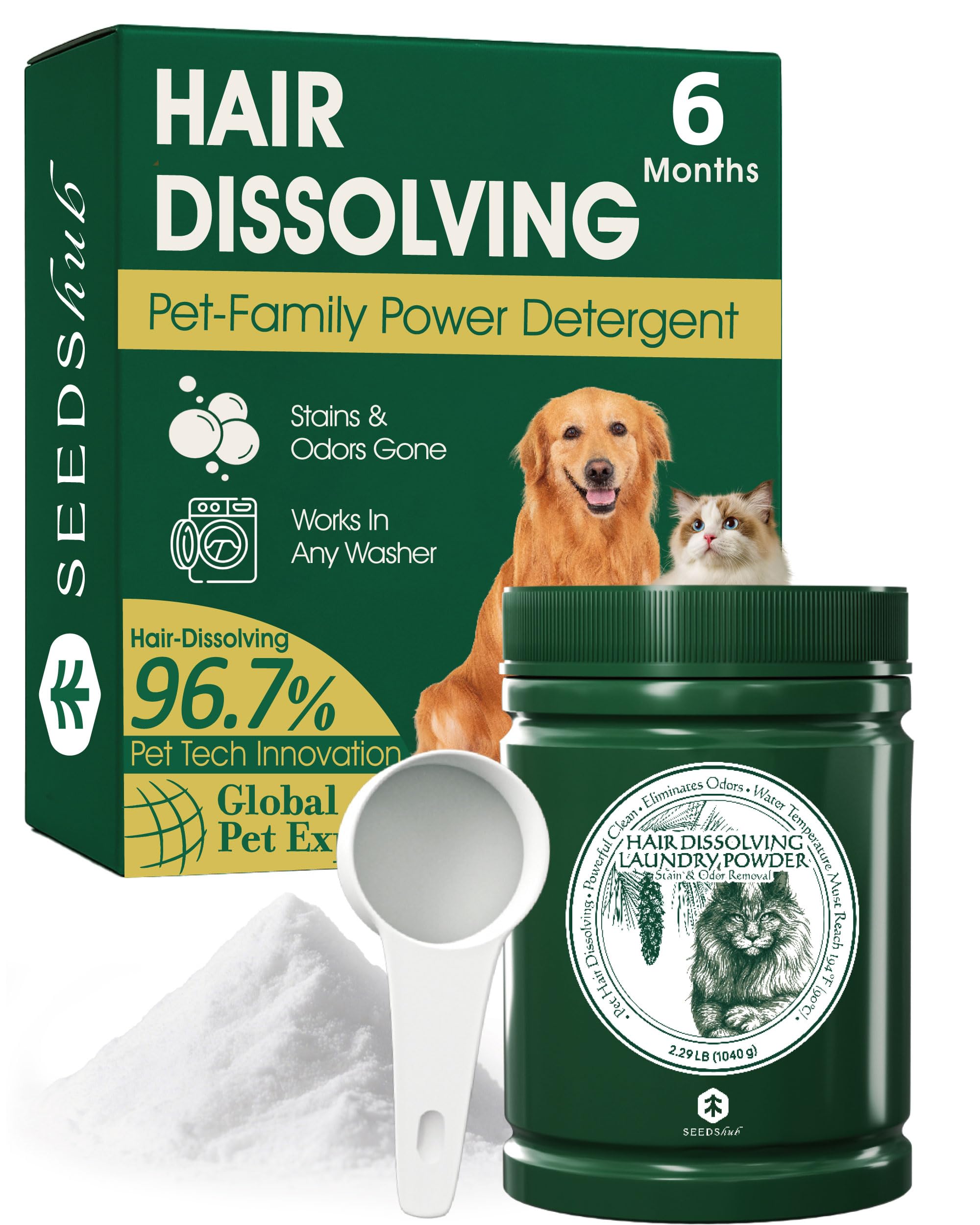 Seedshub Pet Hair Remover powder being sprinkled into the drum for hair dissolution.
