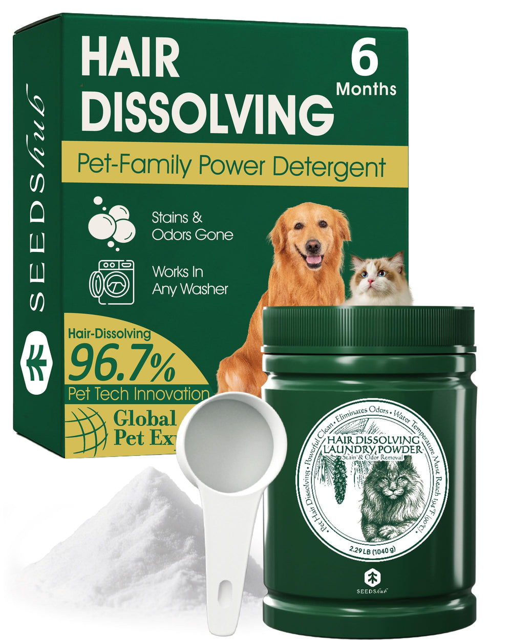 Seedshub Pet Hair Remover powder being sprinkled into the drum for hair dissolution.