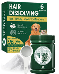 Seedshub Pet Hair Remover powder being sprinkled into the drum for hair dissolution.
