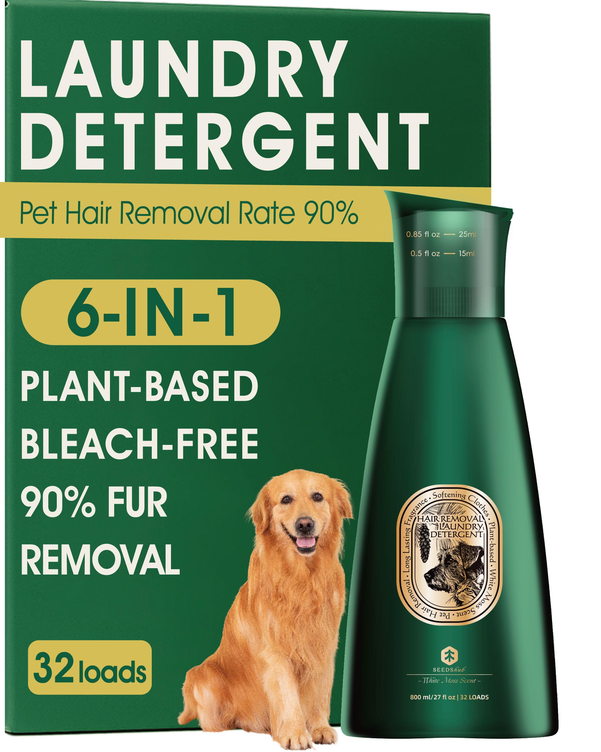 Seedshub Pet Hair Remover bottle shows a 6-in-1 laundry solution for fur-free fabrics