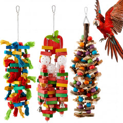 Seenelling large bird toy block and ball assembly for engaging chewing and climbing