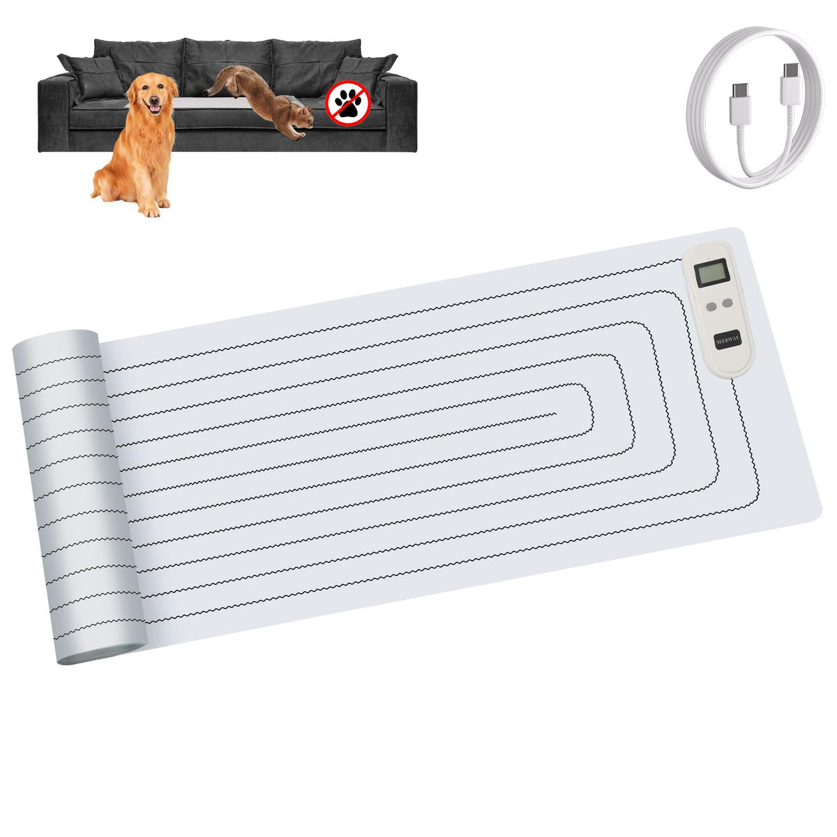 SEERWAY Pet Shock Mat full view deterring pets from sofas.