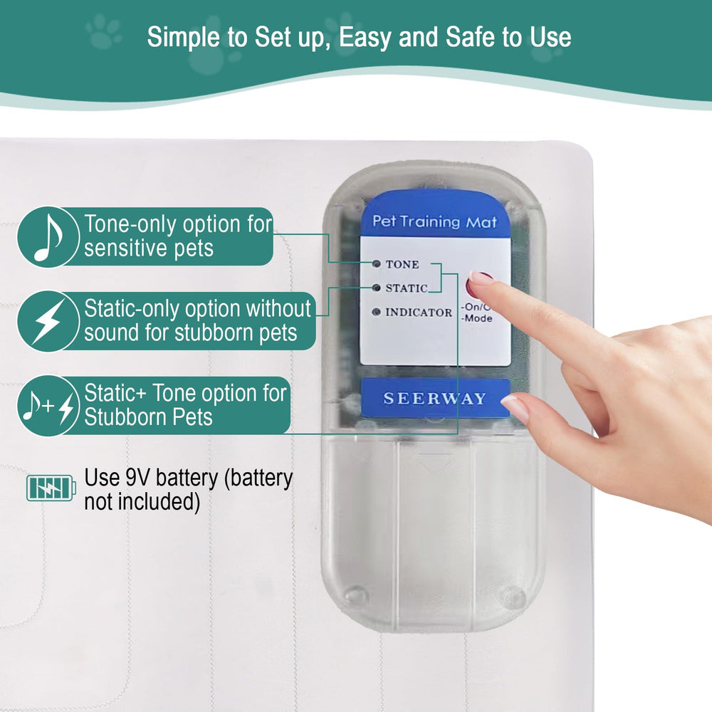 SEERWAY Pet Shock Mat training modes display highlights Tone, Static, and Tone+Static.