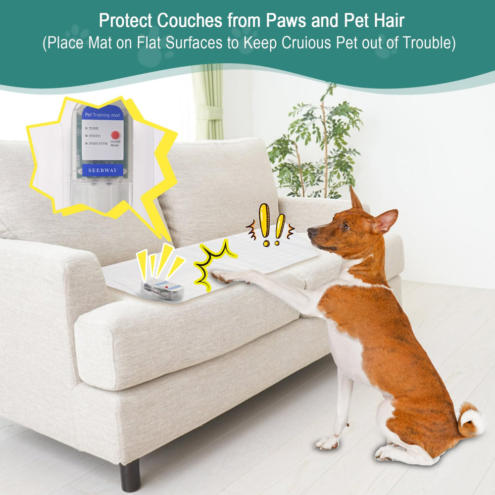 SEERWAY Pet Shock Mat on sofa demonstrates training to deter lounging.