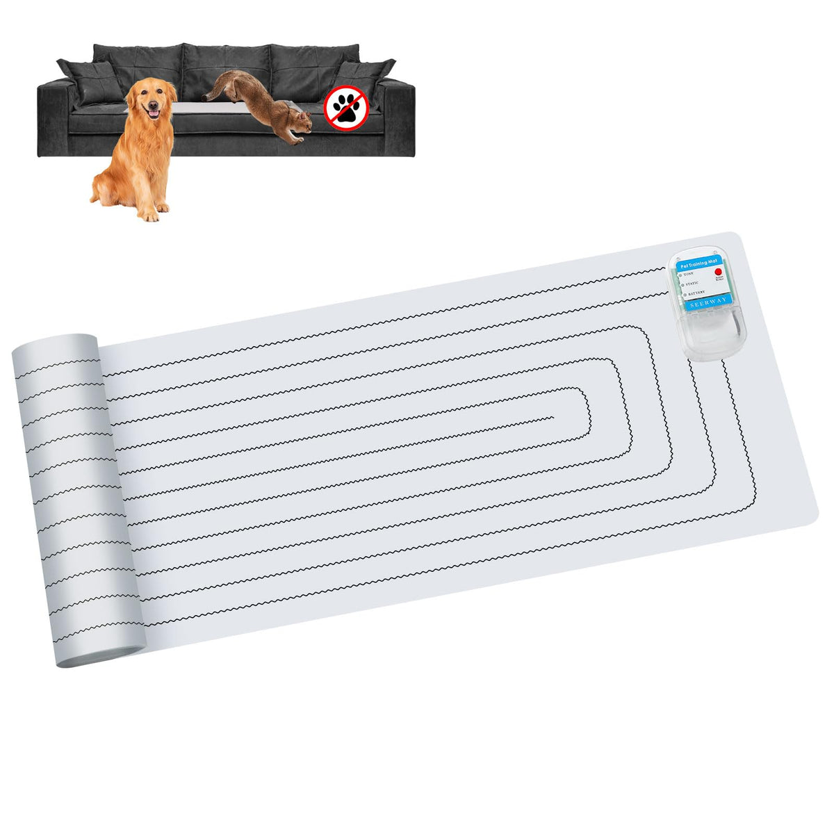 SEERWAY Scat Mat setup on a couch to deter pets from furniture.