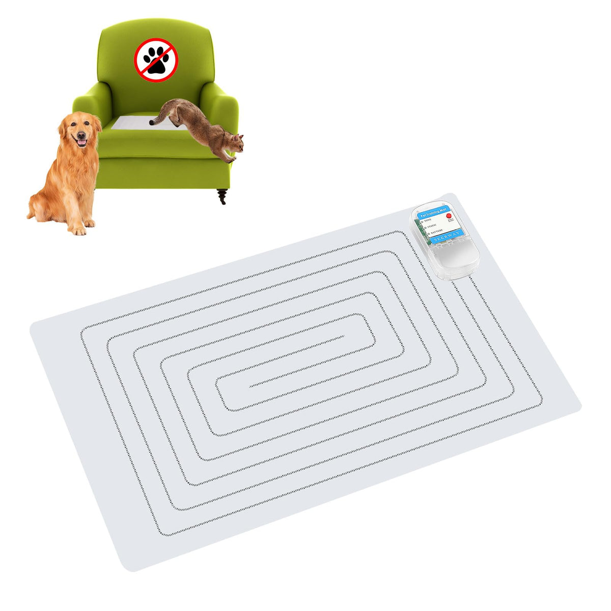 SEERWAY scat mat setup demonstrates portable training for furniture protection