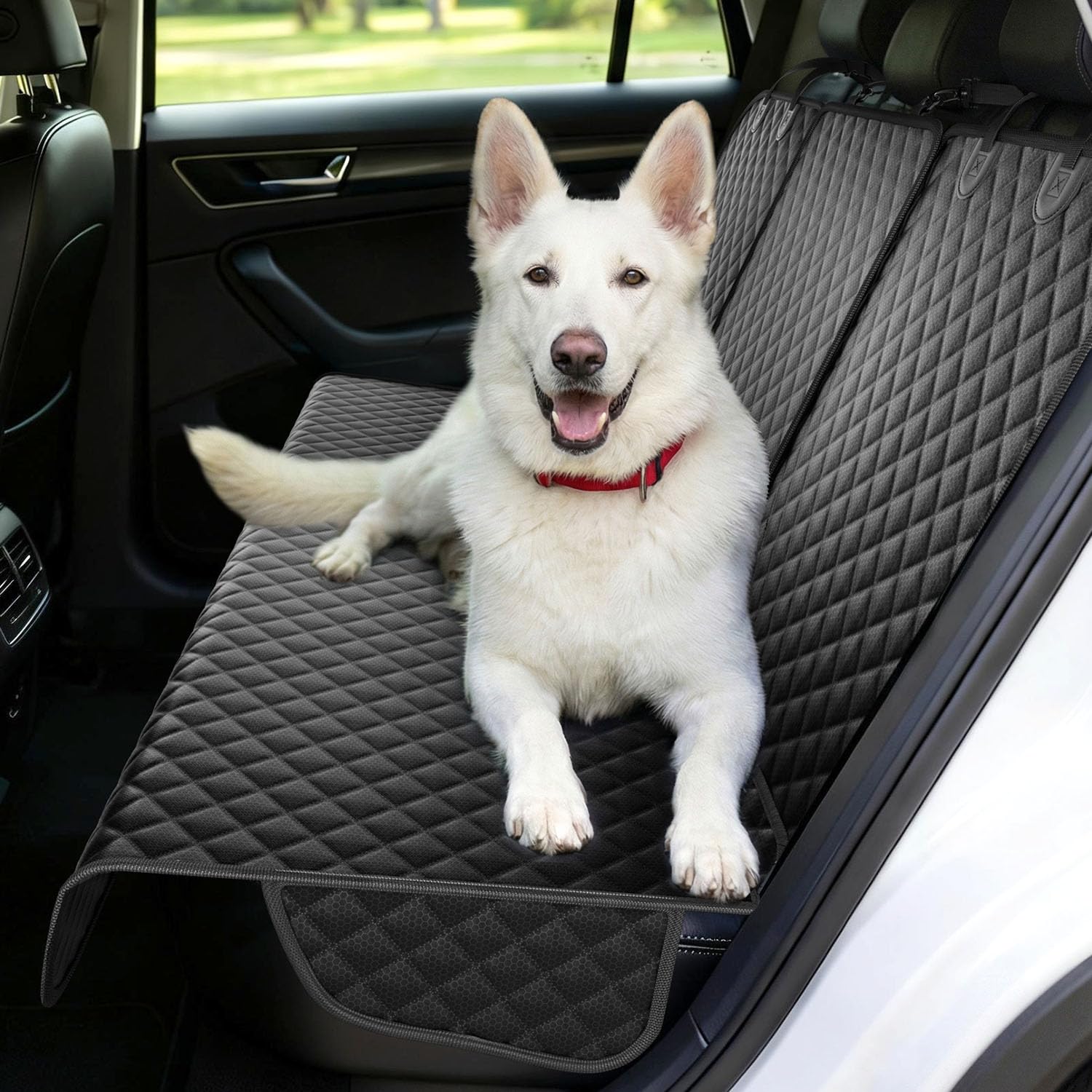 Seeseven dog seat cover provides seatbelt access for safer travel with pets.