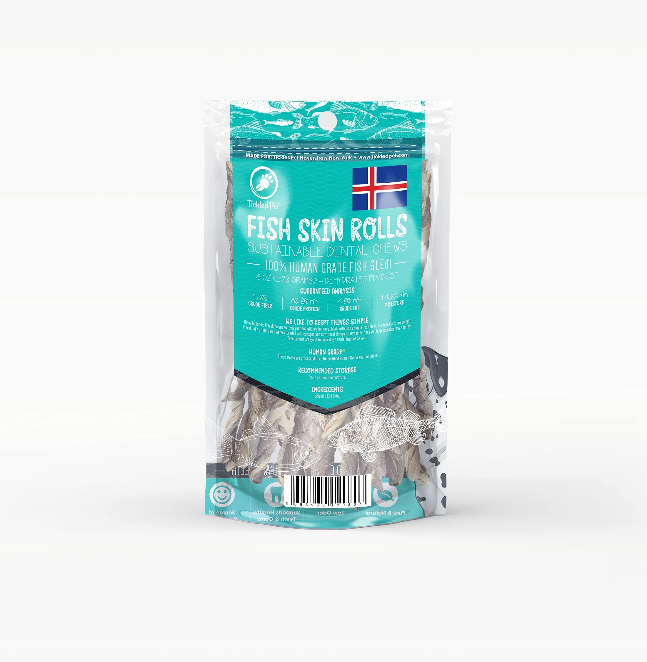 TickledPet Icelandic codskin twist chew in use provides chewy dental stimulation for dogs