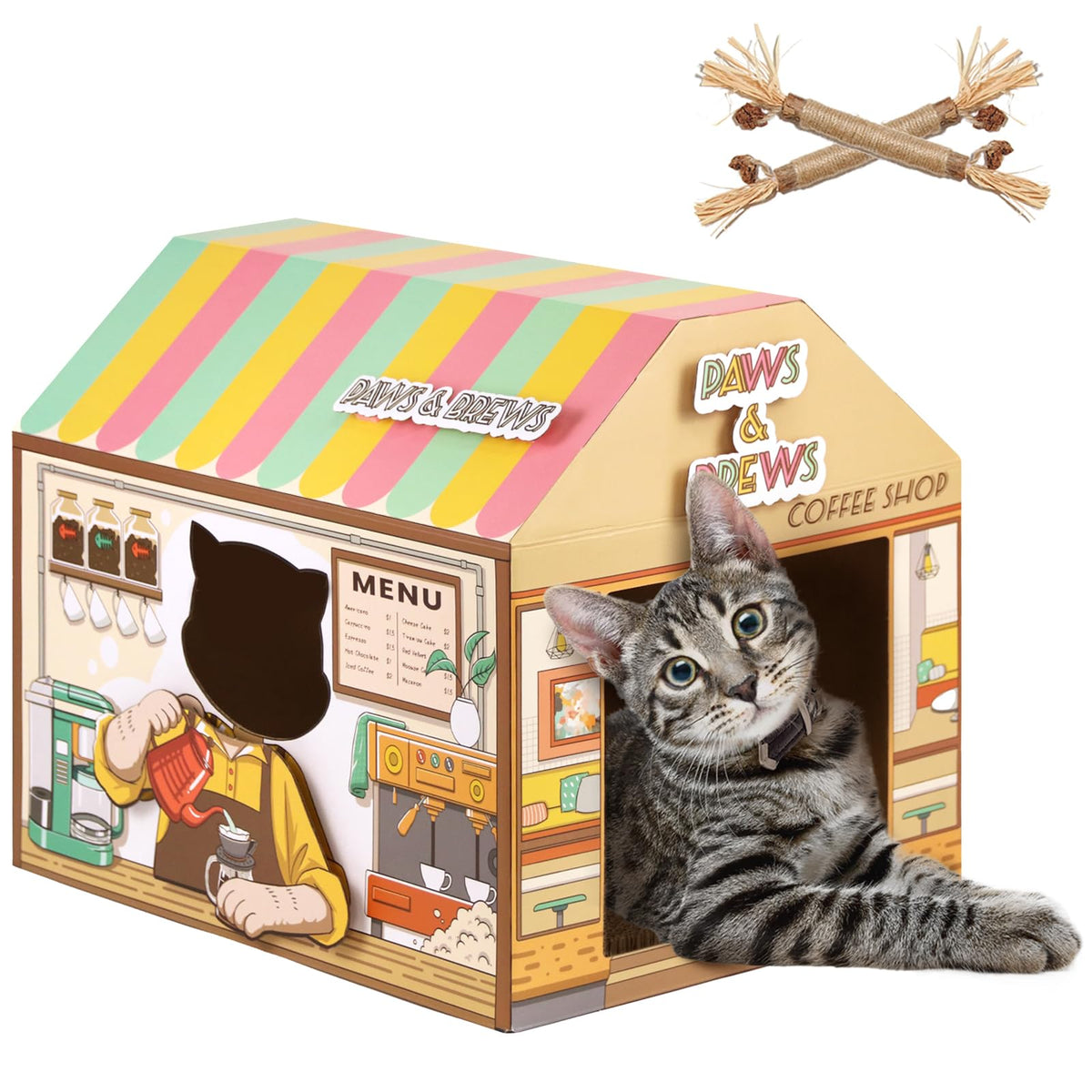 SEKAM cardboard cat house coffee shop front view for cozy indoor lounging