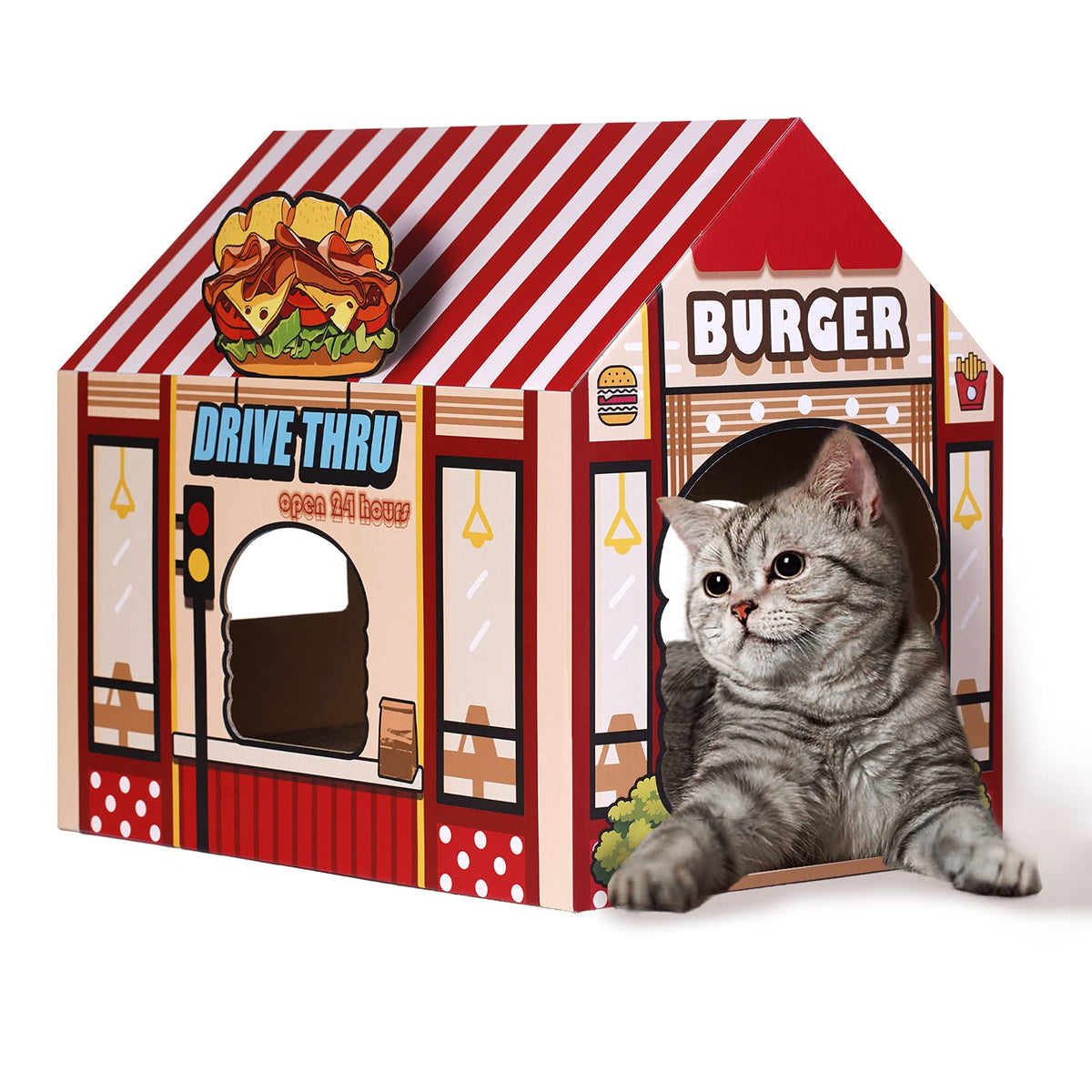 SEKAM Cardboard Cat House with Scratchboard provides a cozy play and rest space with scratch area.