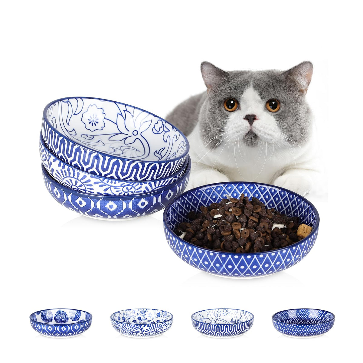 Selamica vintage blue cat bowls set for meals and water.