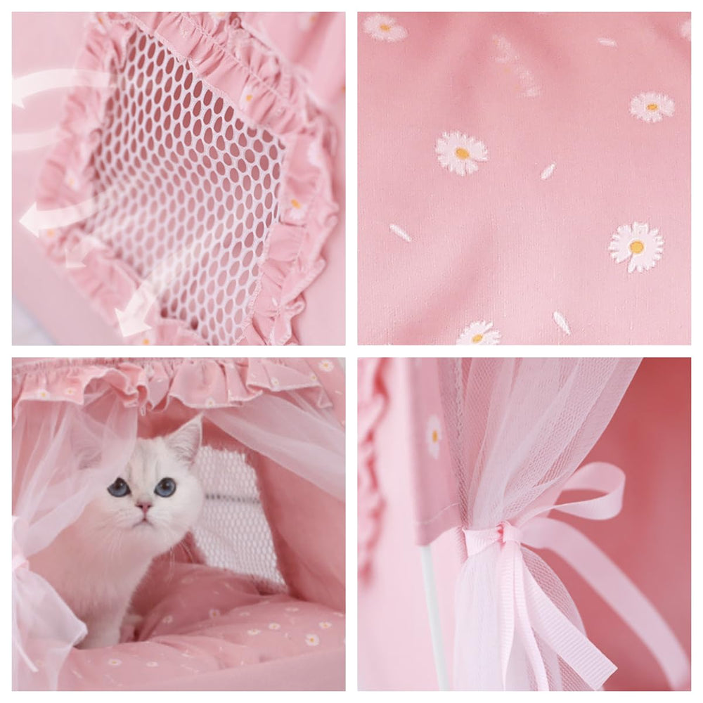 Selena cat bed tent with mesh window promotes airflow for pet comfort.