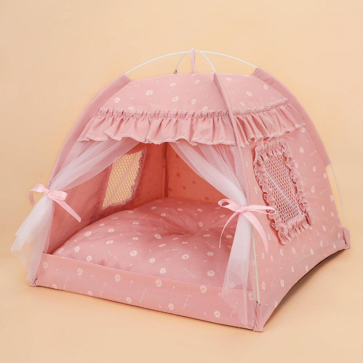 Selena cat bed tent in pink with ruffles offers a cozy indoor hideaway.