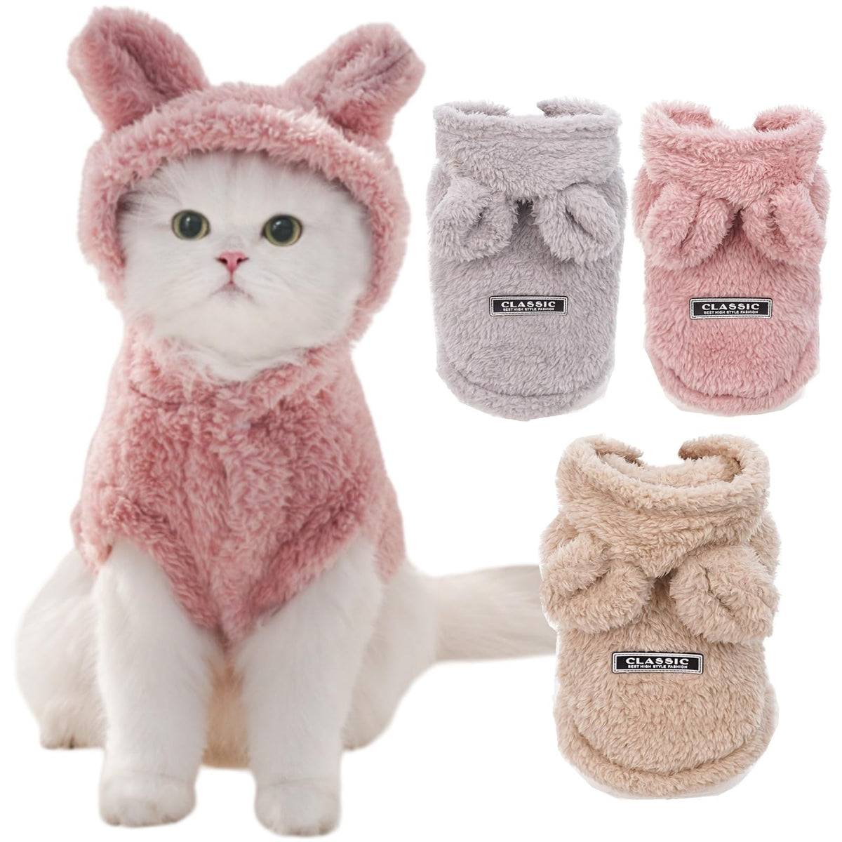 Selena pet bunny-ears costume pink, front view, cozy warmth for chilly days.