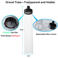 Seltomer detachable filter screen visible inside gravel tube protects fish during cleaning.