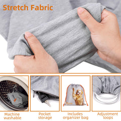 Senior Budday cat-sling-worn shows hands-free carrying with pet close by.