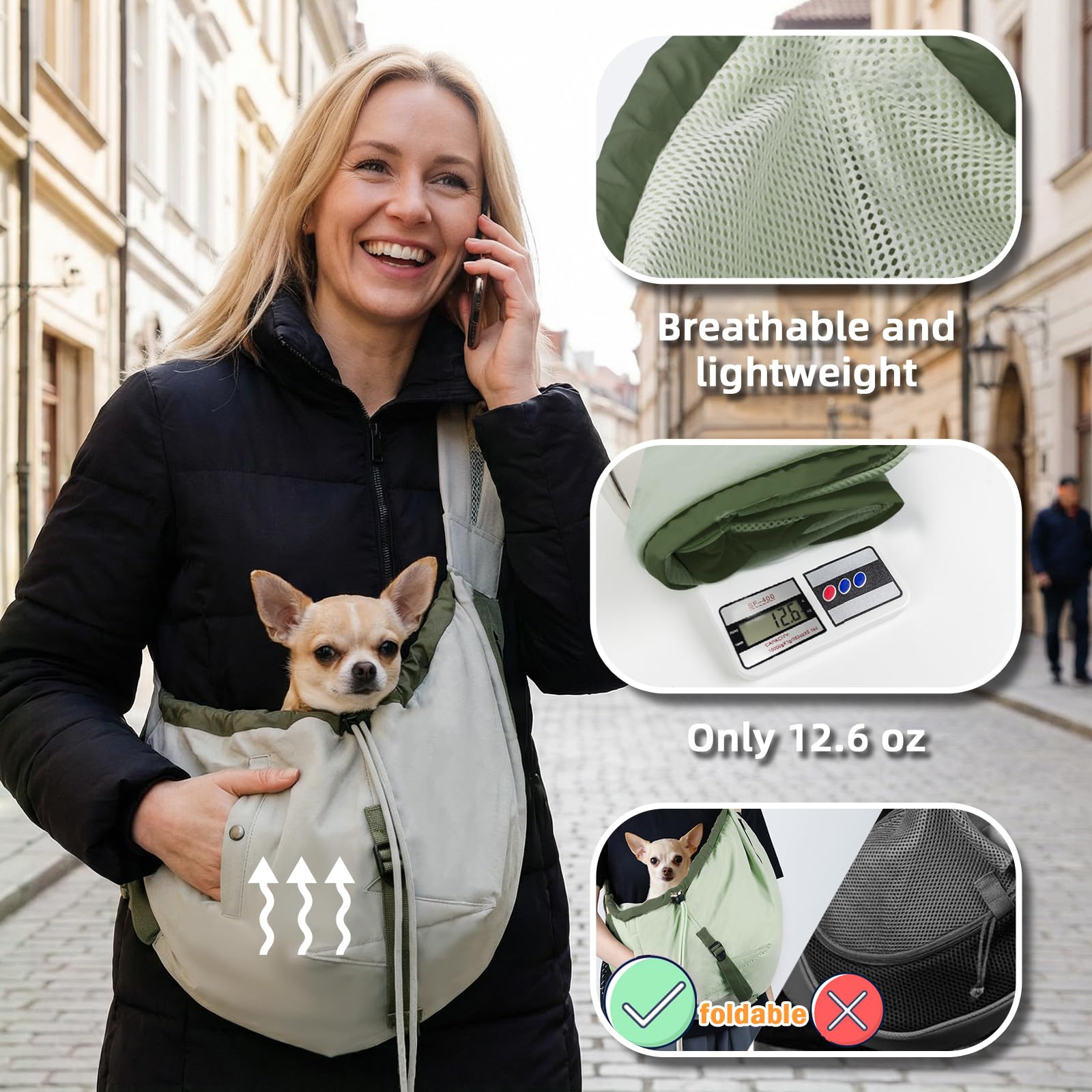 Senior Budday dog carrier sling with adjustable strap for all body types.