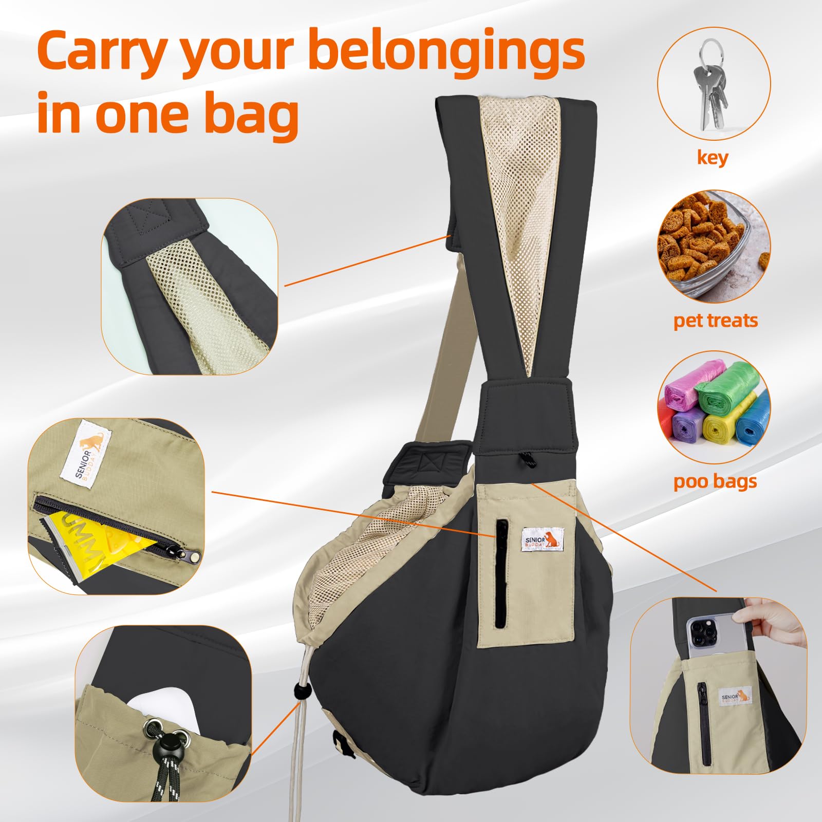Senior Budday dog carrier sling back-strap design enables easy portability.