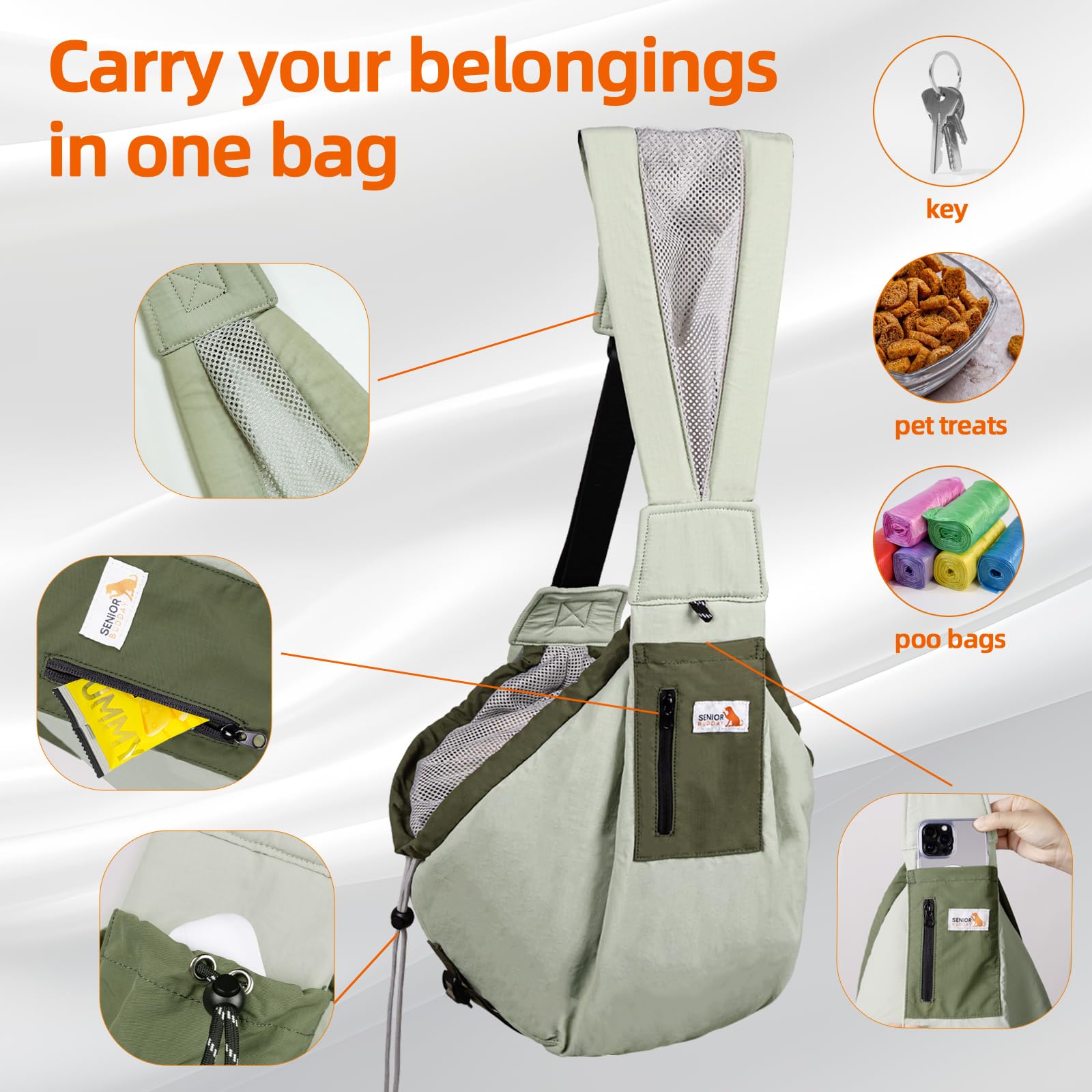 Senior Budday dog carrier sling shows a durable, easy-to-clean fabric.