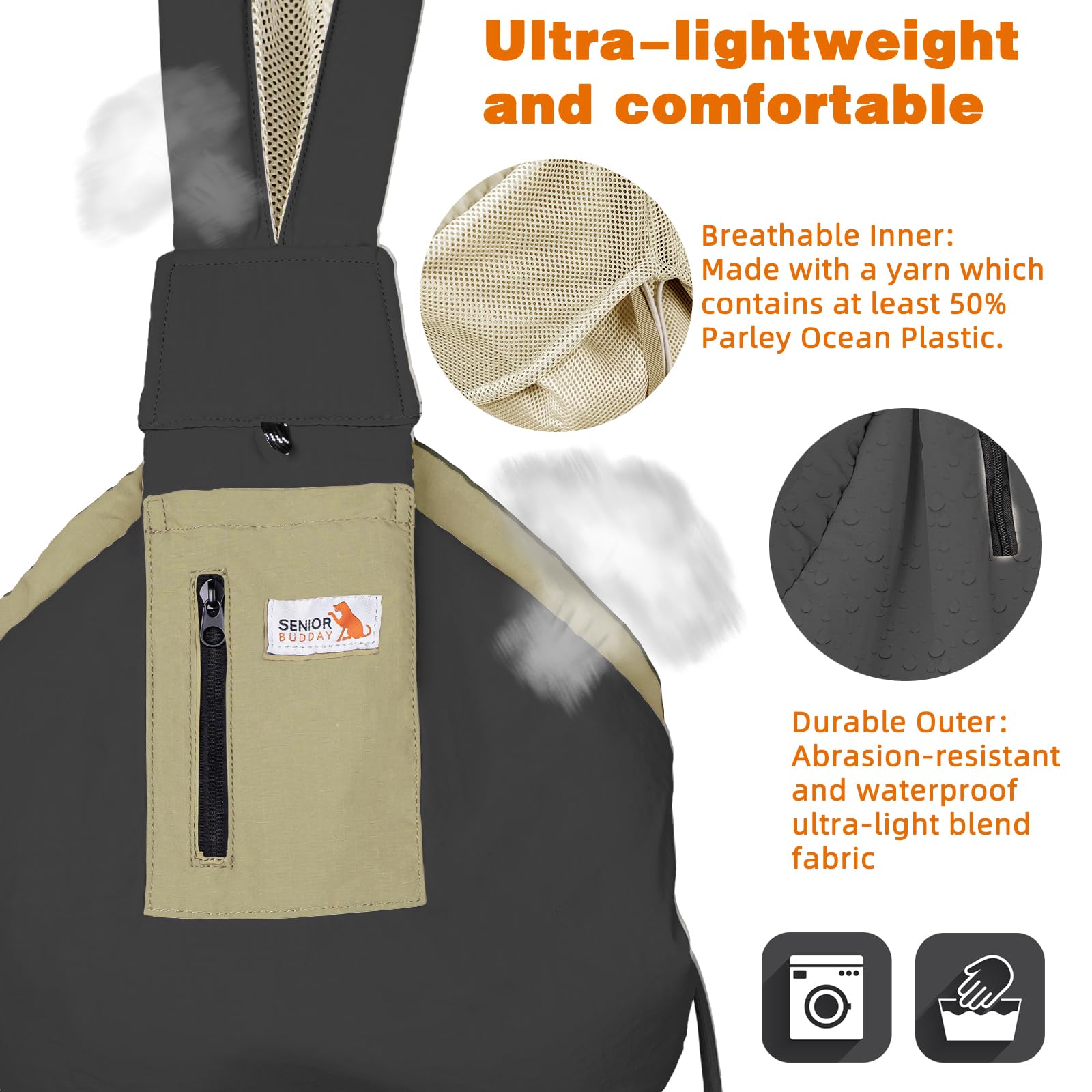 Senior Budday dog carrier sling durable fabric is machine washable.