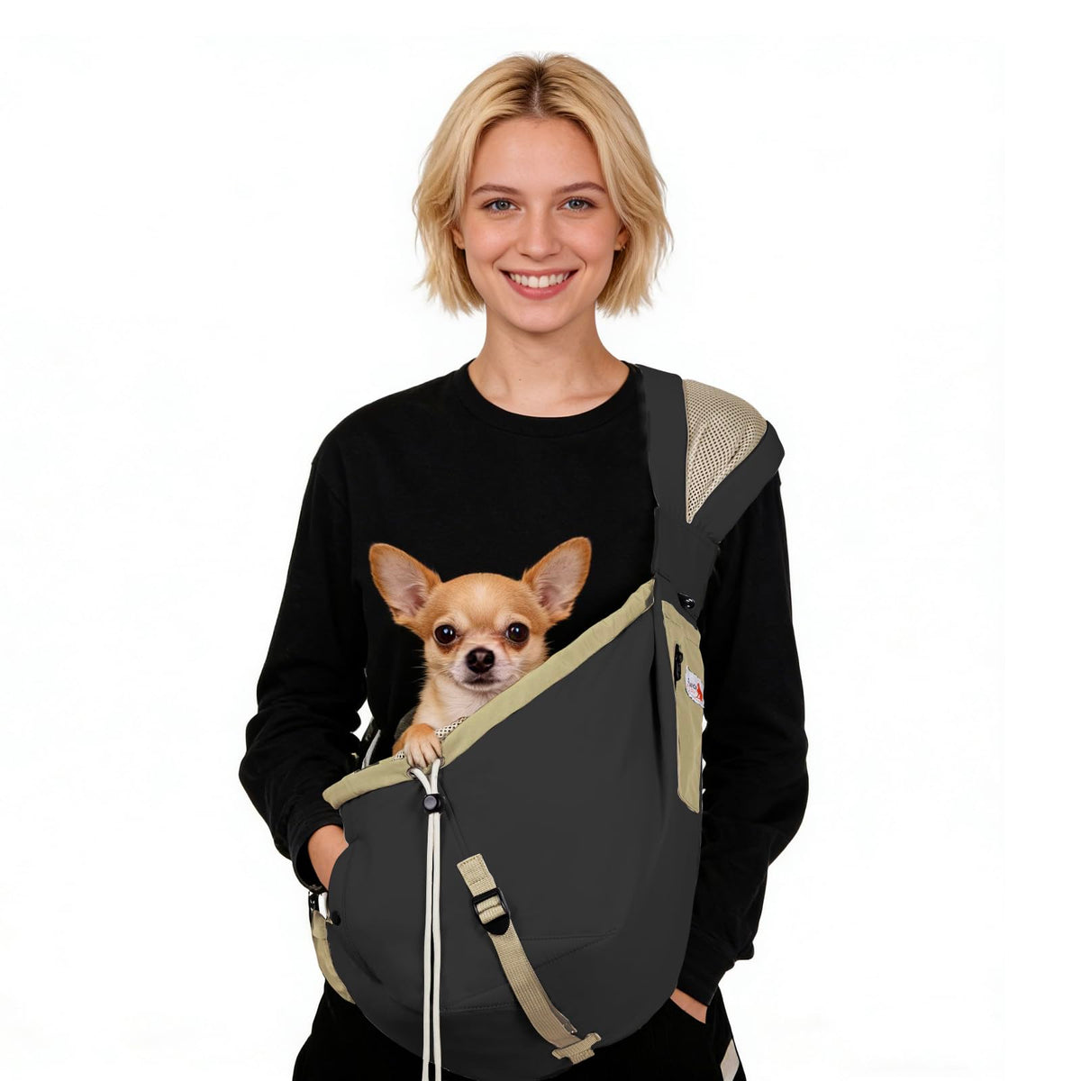 Senior Budday dog carrier sling front view shows breathable mesh for comfort.